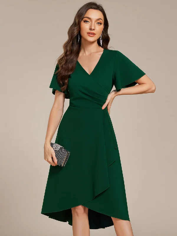 textured dressElegant Midi Length ruffles sleeve Twisted Wedding Guest Dresses with Regular Fold Stream