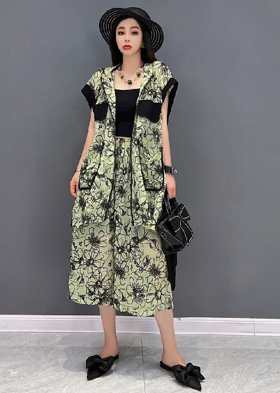 trendy dressFashion Green Hooded Patchwork Print Low High Design Chiffon Two Pieces Set Summer