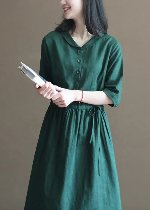 casual day dressFashion Solid Green Drawstring Peter Pan Collar Linen Long Dress Half Sleeve