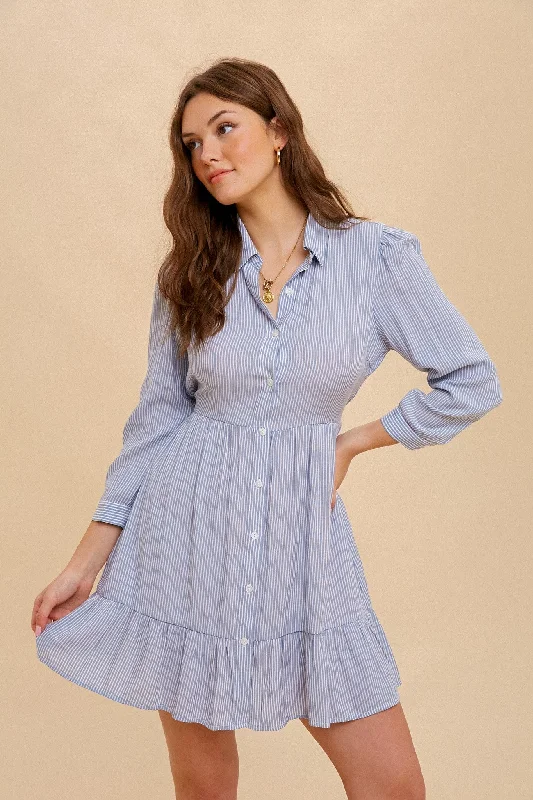 long sleeve dressSoft Blue Tie Waist Stripe Shirt Dress