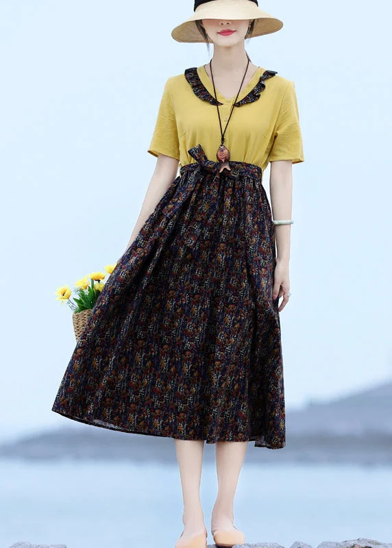 bohemian dressFrench Yellow V Neck Patchwork Tie Waist Linen Long Dress Short Sleeve