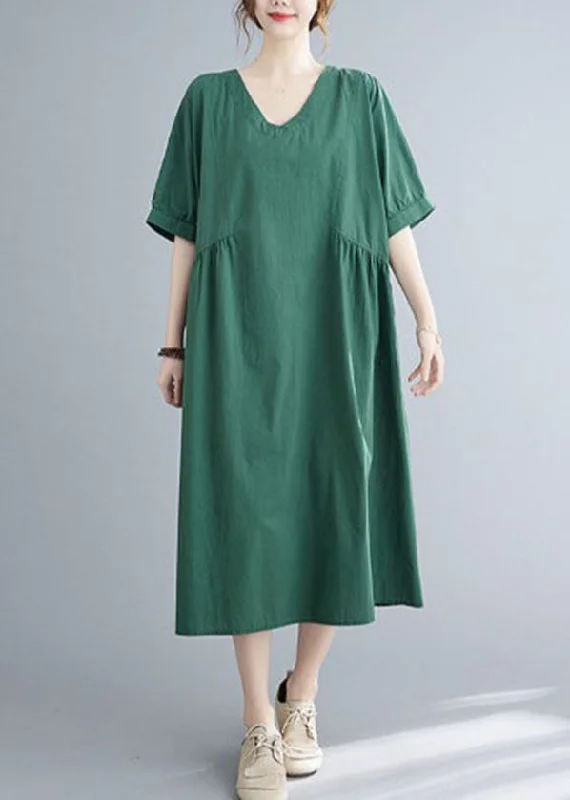 boho dressNatural Green Solid Color Patchwork Cotton Long Dress Short Sleeve