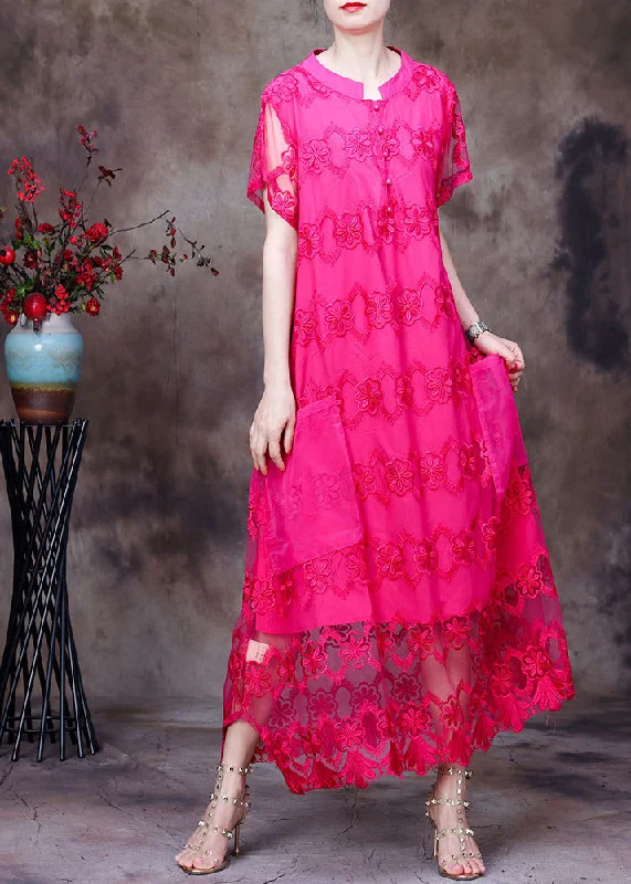 trendy dressWomen Rose Stand Collar Embroideried Hollow Out Tulle Vacation Long Dress Short Sleeve