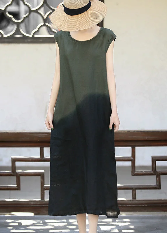 pleated dressSlim Fit Blackish Green O-Neck Color contrast Tie Dye Long Dress Sleeveless