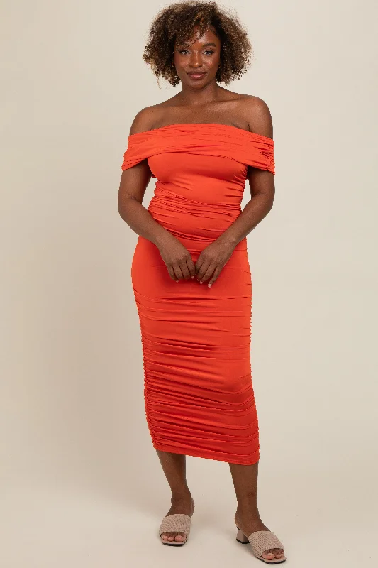 one-shoulder dressOrange Off Shoulder Ruched Midi Dress