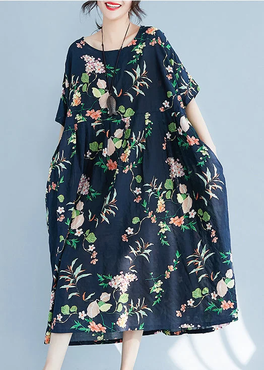 elegant dressFashion Navy O-Neck zippered Pocket Floral Print Dresses Short Sleeve