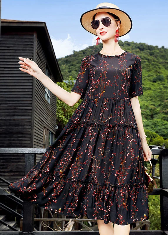 summer dressBohemian Black O-Neck Ruffled Print Silk Maxi Dress Short Sleeve