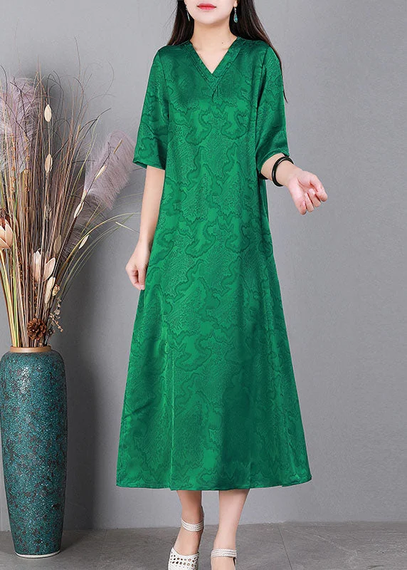 long-sleeve floral dressHandmade Green V Neck Jacquard 2024 Silk Long Dress Half Sleeve