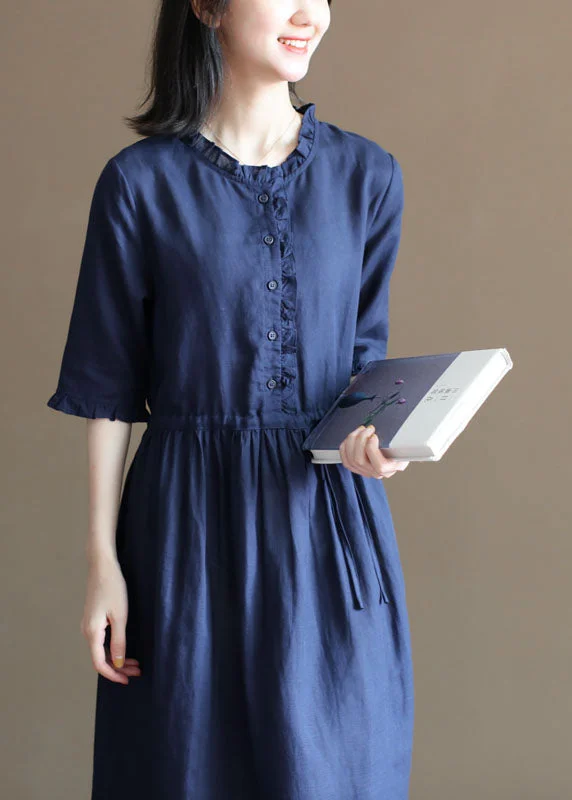 sophisticated dressCasual Tibetan Blue Drawstring Ruffled Button Linen Long Dress Half Sleeve