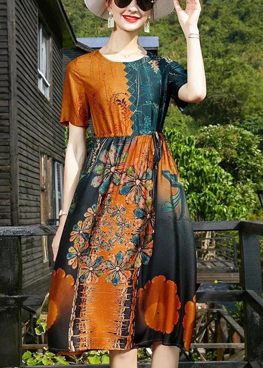 romantic dressFrench Colorblock O-Neck Cinched Print Silk Beach Dresses Short Sleeve