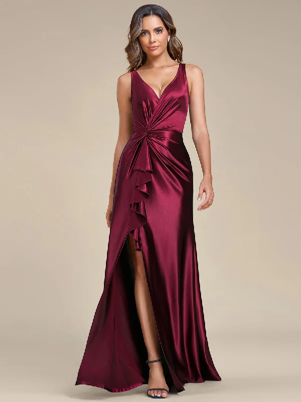 flowy maxi dressElegant V Neck Split Ruffles Wholesale Stain Evening Dresses