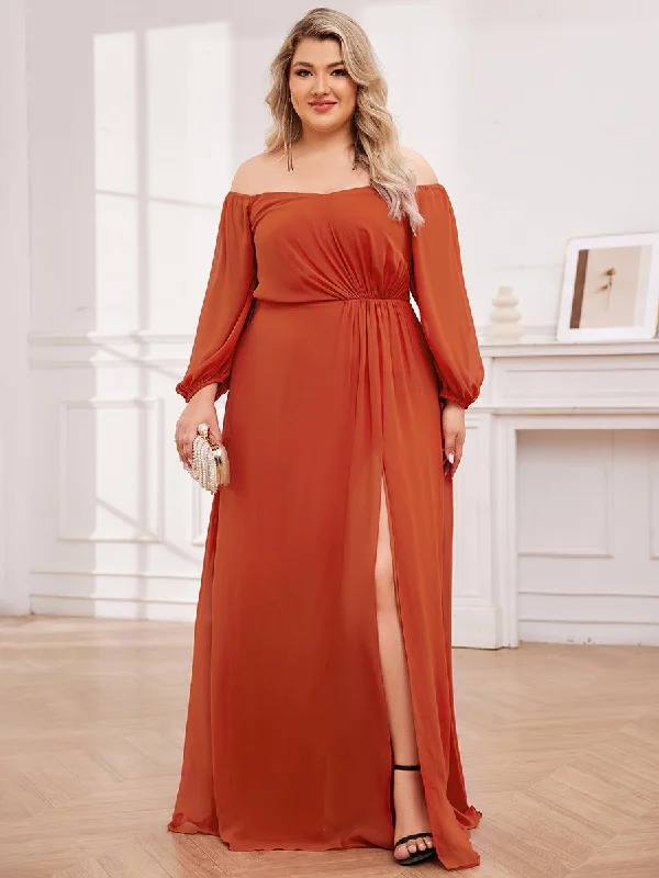 trendy wrap dressPlus Chiffon Maxi Long One Shoulder Wholesale Evening Dresses With Lantern Sleeves