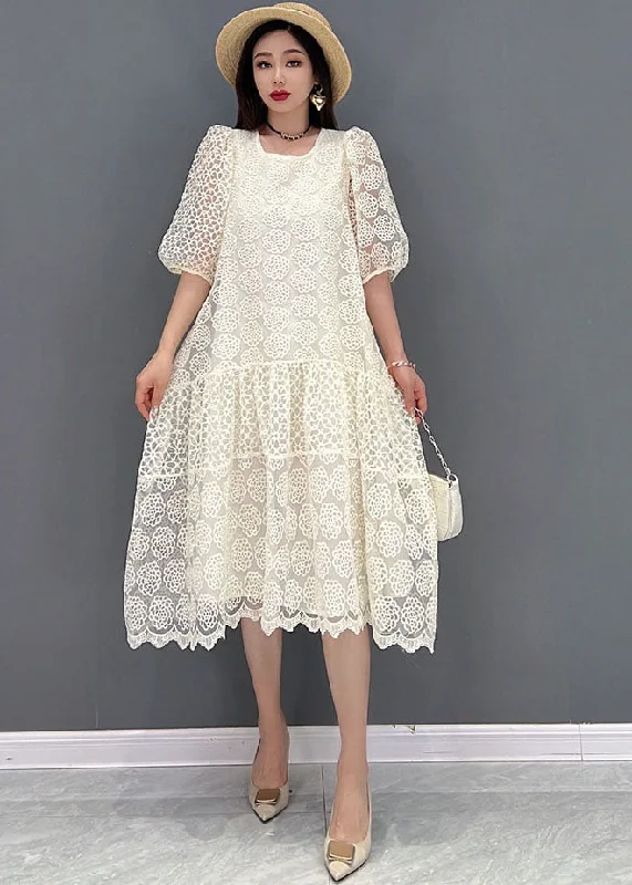 trendy mini dressBoutique White O-Neck Patchwork Lace Long Dress Half Sleeve