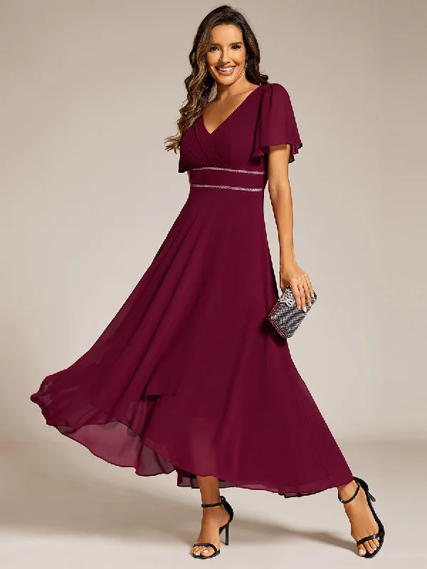 classic fit-and-flare dressElegant Asymmetrical A-Line Skirt Nine-Length Chiffon Dresses with Ruffles Sleeves