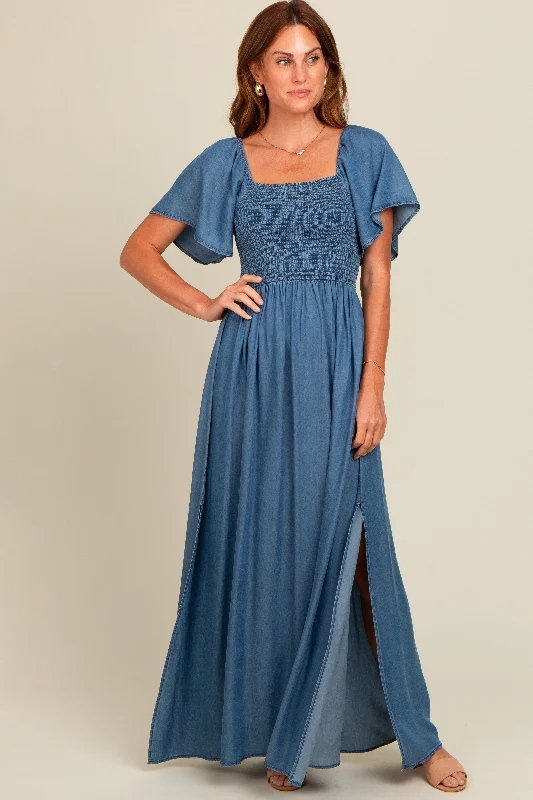 floral wrap dressBlue Chambray Smocked Maxi Dress