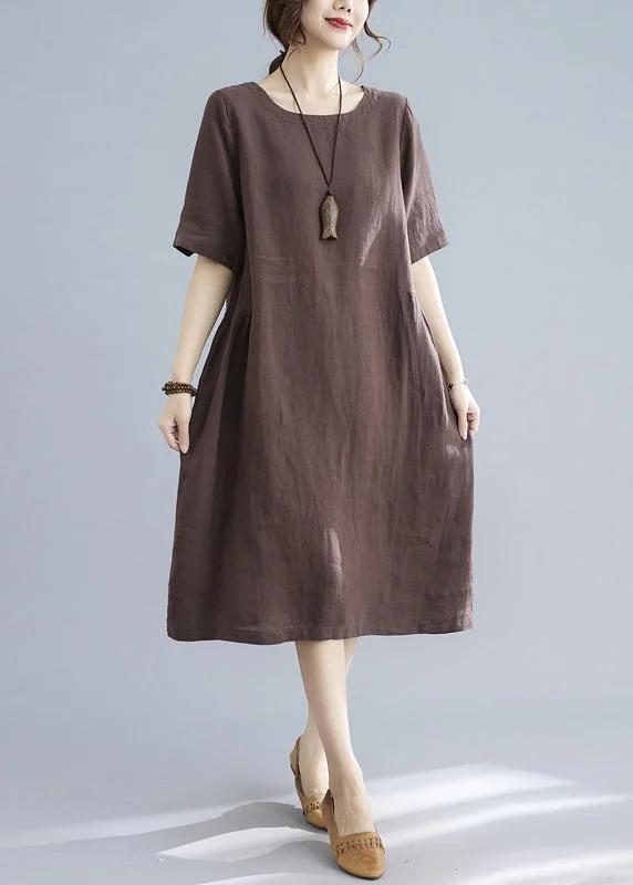 silk dressChocolate Solid Original Design Pocket Linen Holiday Dress Short Sleeve