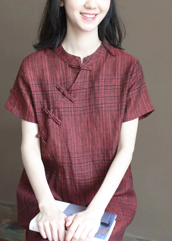 comfy dressBeautiful Dark Red Plaid Stand Collar Chinese Style Button Linen A Line Dresses Short Sleeve