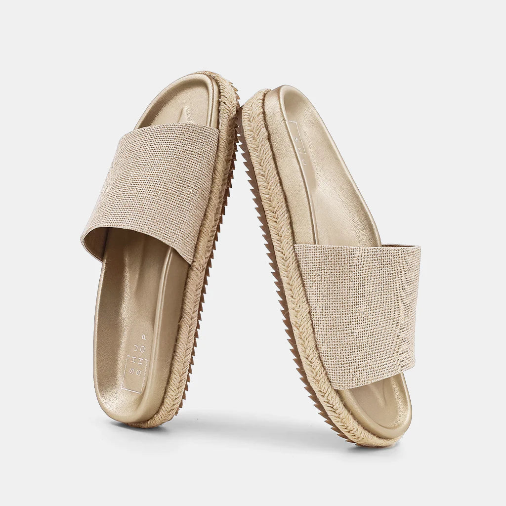 textured dressShu Shop Crisanta Gold Woven Sandals