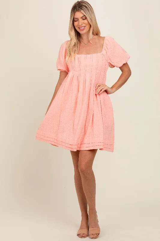 elegant dressPeach Puff Sleeve Layered Hem Dress