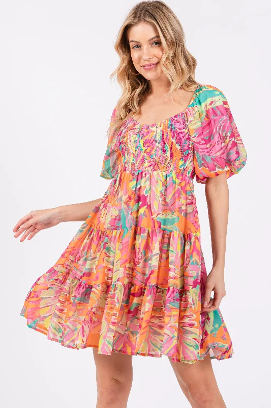 casual shift dressFuchsia Printed Smocked Puff Sleeve Dress