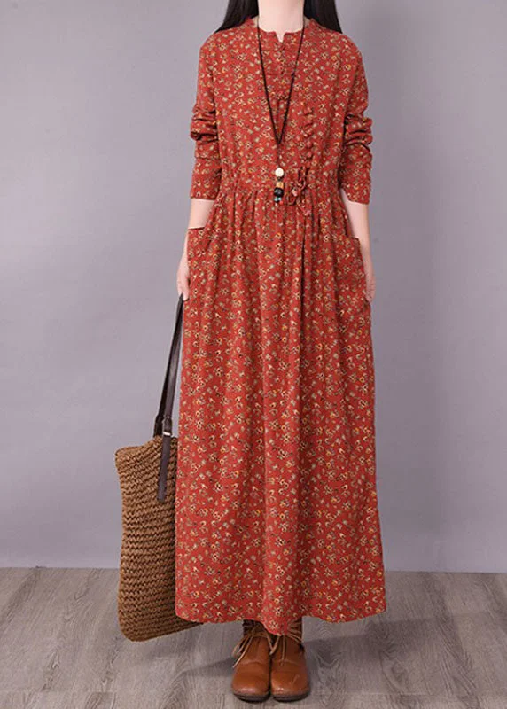 satin midi dress2024 Brick Red Cinched Print Linen Long Dress Long Sleeve