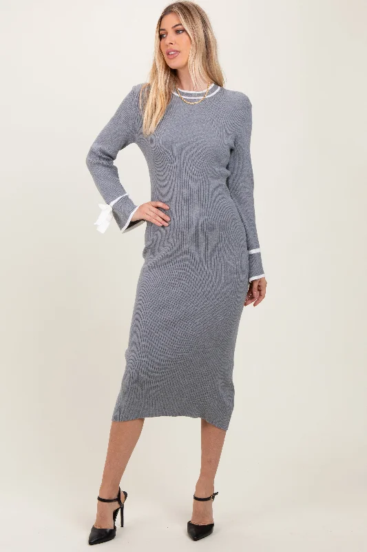 lace dressGrey Knit Bow Detail Sleeve Midi Sweater Dress