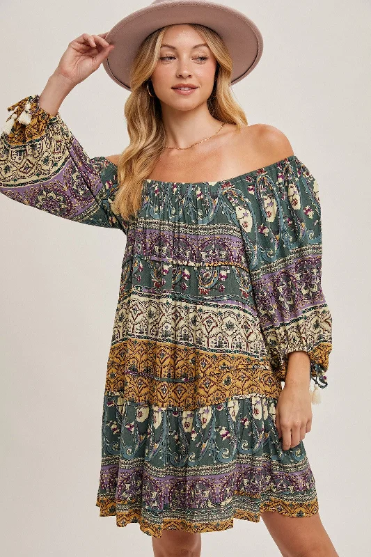 pleated maxi dressGold Green Paisley Print Boho Off Shoulder Dress