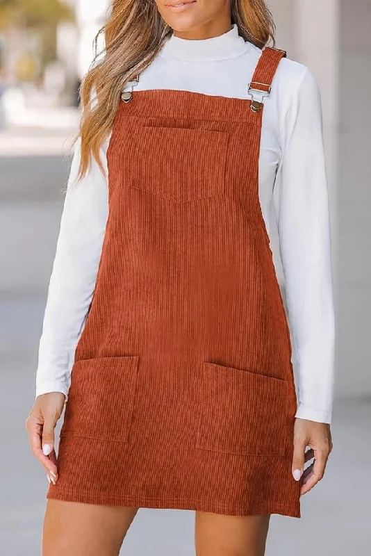 v-neck dressSolid Front Pockets Sleeveless Corduroy Overall Dress