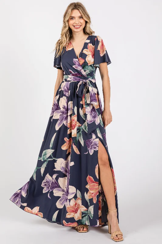 stylish dressNavy Floral Wrap V-Neck Maxi Dress