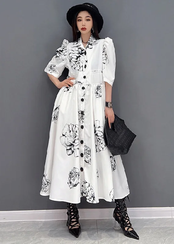 evening dressChic White Peter Pan Collar Floral Print Chiffon Maxi Cinch Dress Half Sleeve