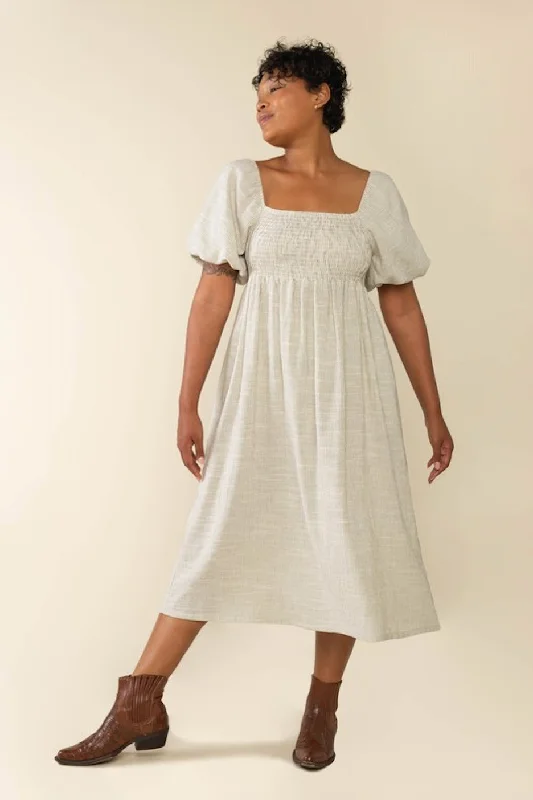 fitted dressIvory Striped Linen Smocked Short Puff Sleeve Plus Midi Dress