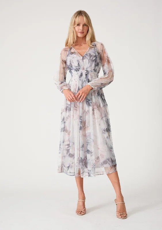 pleated maxi dressGrey Floral Mesh Smocked Midi Dress