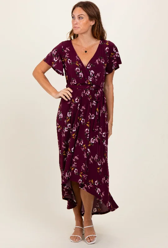 flowy evening dressBurgundy Floral Short Sleeve Wrap Hi-Low Maxi Dress