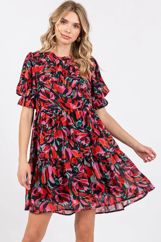 chic slip dressBlack Abstract Floral Print Tiered Dress