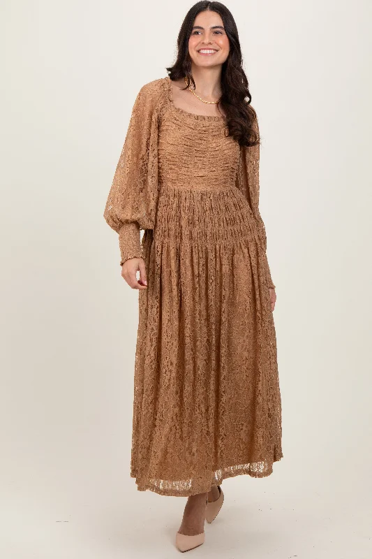 wool dressCamel Lace Smocked Bubble Sleeve Maxi Dress