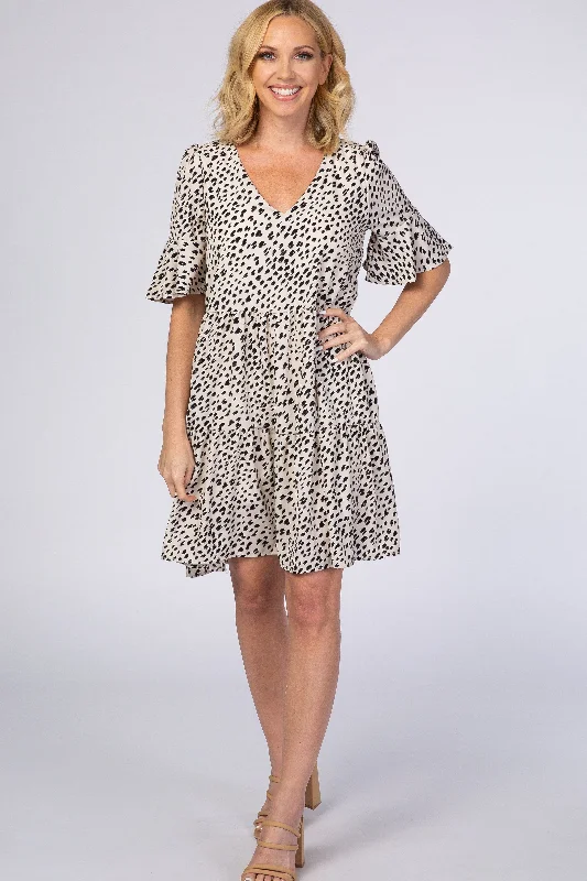 party dressBeige Animal Print Ruffle Sleeve Dress