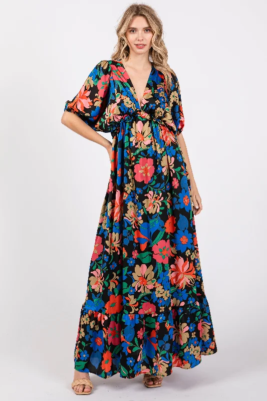 playful dressBlack Floral Satin Deep V-Neck Puff Sleeve Maxi Dress