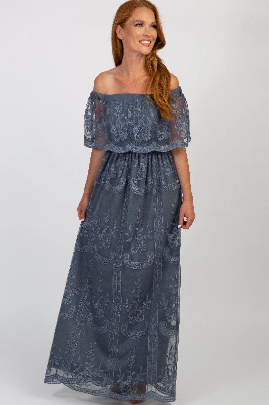 trendy dressBlue Lace Mesh Overlay Off Shoulder Maxi Dress