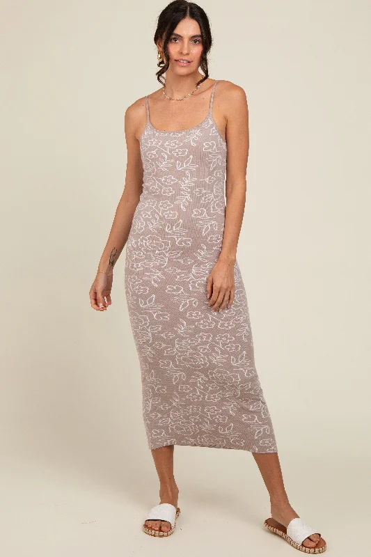 floral dressBeige Floral Knit Fitted Midi Dress