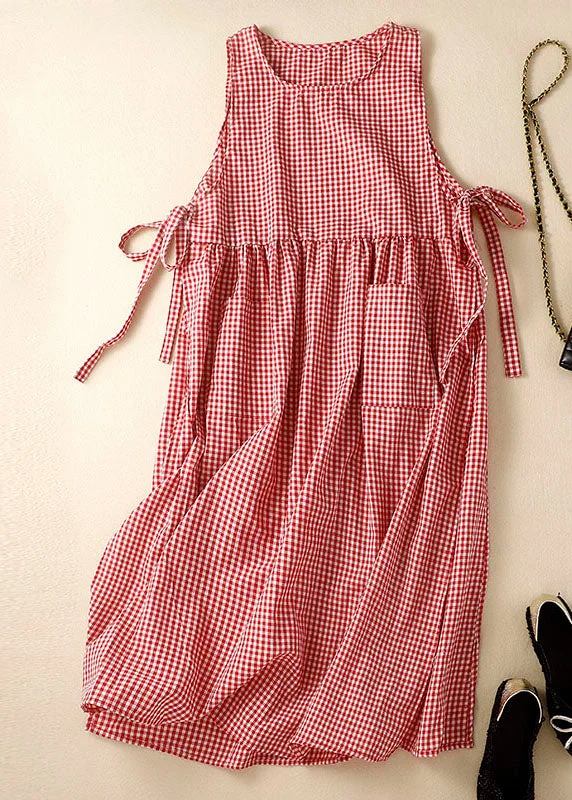 flowy dressFitted Red Side Open Pocket Plaid Linen Maxi Dresses Sleeveless