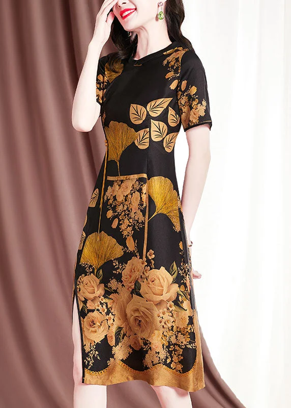 casual summer dressFitted Black O-Neck Floral Print Side Open Silk Dress Short Sleeve