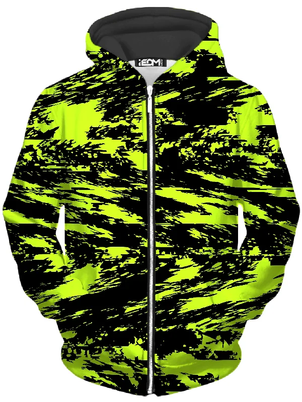 casual streetwear hoodieBlack Lime Bolt Glitch Unisex Zip-Up Hoodie