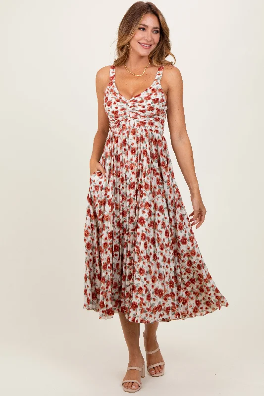 sophisticated dressRed Floral Pleated Midi Dress