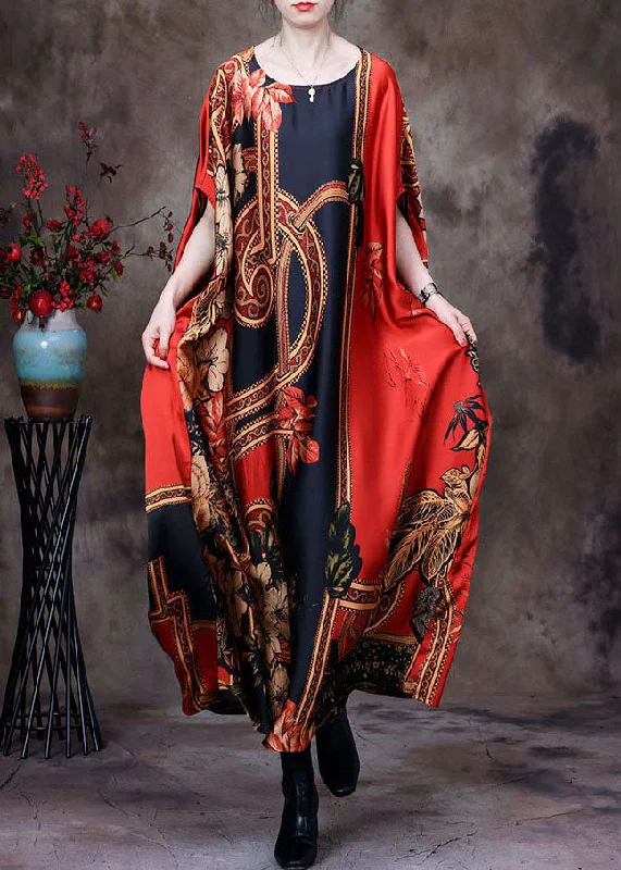 chic slip dressClassy Red O-Neck Print Silk Loose Long Dresses Gown Batwing Sleeve