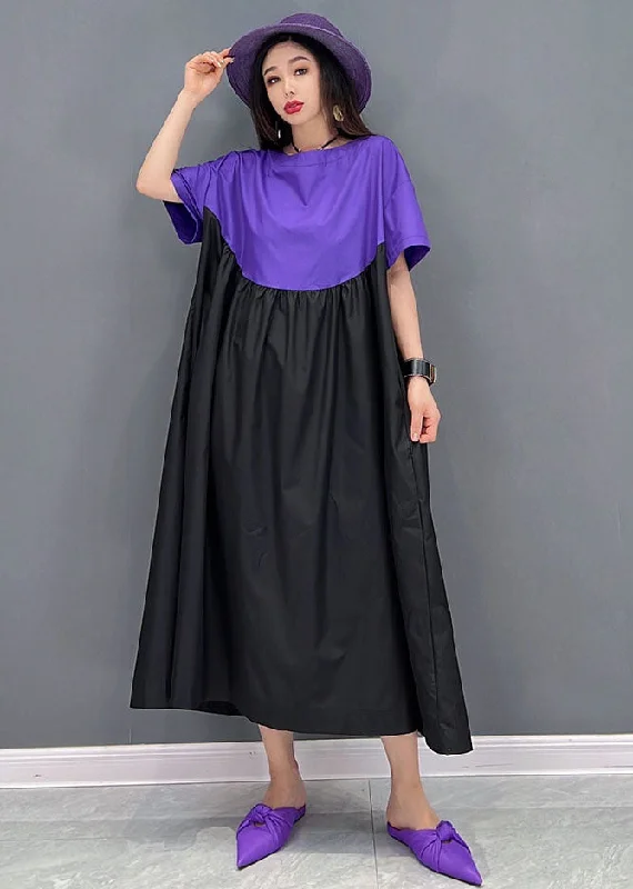 casual shift dressPurple Black Patchwork Cotton Loose Long Dress Wrinkled Short Sleeve