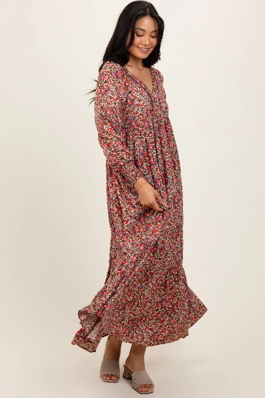 lace dressMocha Floral V-Neck Bubble Sleeve Maxi Dress