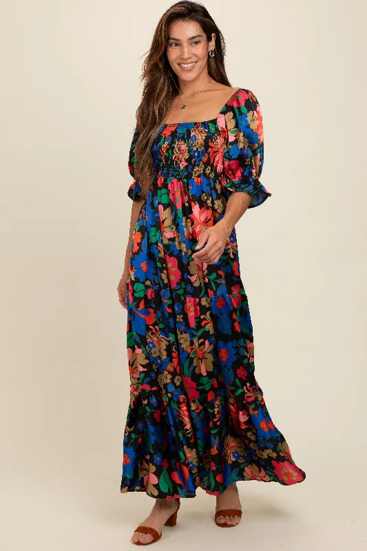 A-line dressBlack Floral Satin Smocked Tiered Maxi Dress