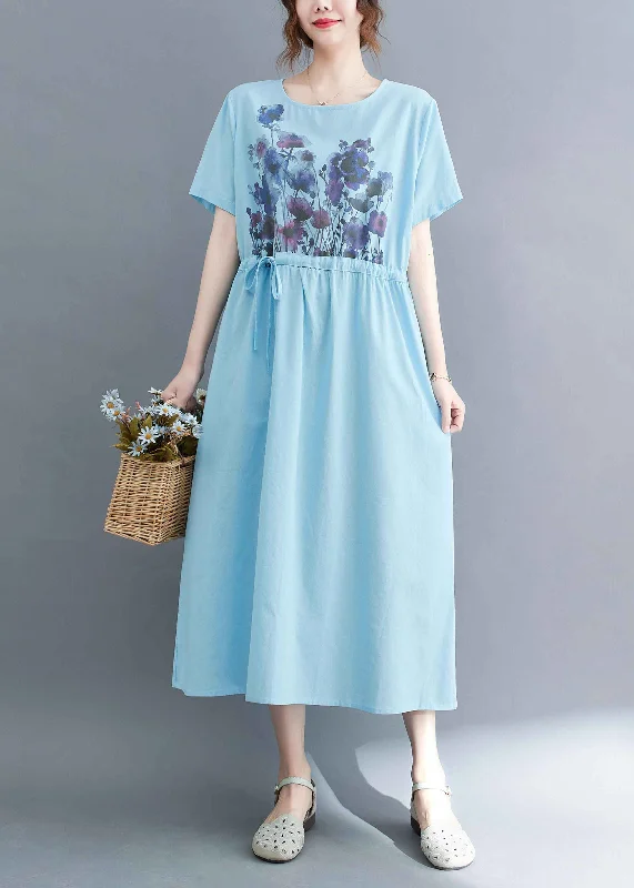 oversized dressFrench Light Blue O-Neck Print Drawstring Cotton Vacation Dress Short Sleeve