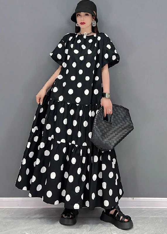 statement dressLoose Black O-Neck Wrinkled Wear On Both Sides Cotton Long Dress Short Sleeve