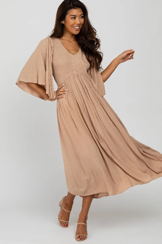 lace-up dressTaupe Smocked Front Ruffle Sleeve Midi Dress